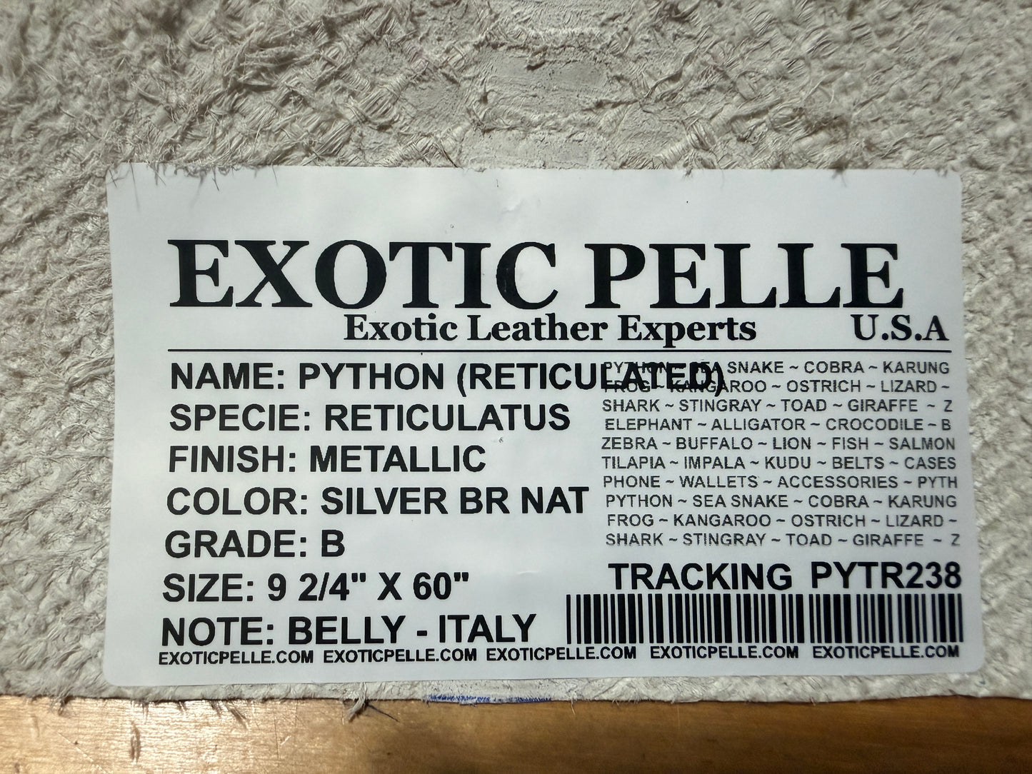 Silver on Natural Metallic Genuine Italian Python Leather PYTR238