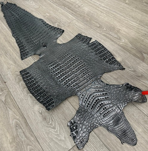 Silver On Black Metallic Holographic Genuine Caiman Crocodile Leather CMN600 product photo 1