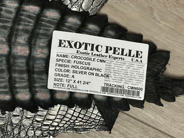 Silver On Black Metallic Holographic Genuine Caiman Crocodile Leather CMN600 product photo 4