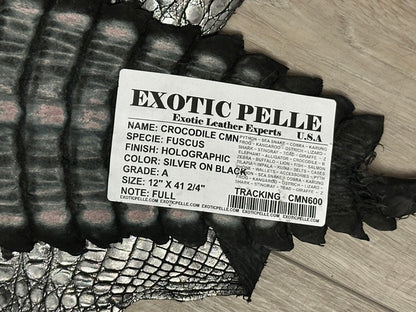 Silver On Black Metallic Holographic Genuine Caiman Crocodile Leather CMN600 product photo 4
