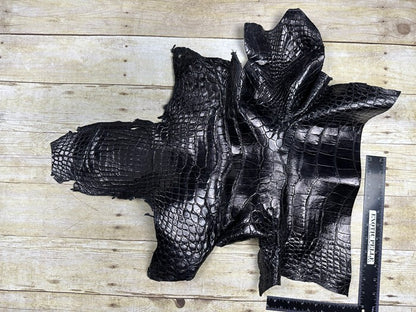 XXL Black Alligator Hide Distressed Leather Skin Piece Scrap Gator Croc Belly 53