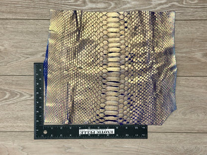 Gold On Blue Metallic Genuine Reticulated Python Snake Leather 472 product photo 2