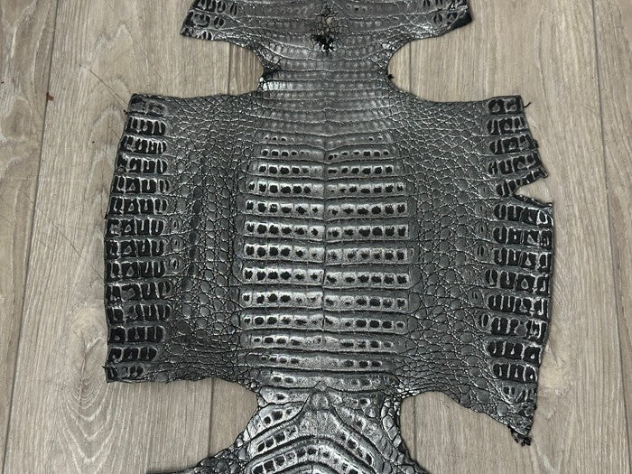 Silver On Black Metallic Holographic Genuine Caiman Crocodile Leather CMN600 product photo 3