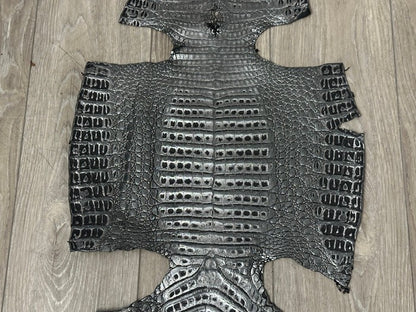 Silver On Black Metallic Holographic Genuine Caiman Crocodile Leather CMN600 product photo 3