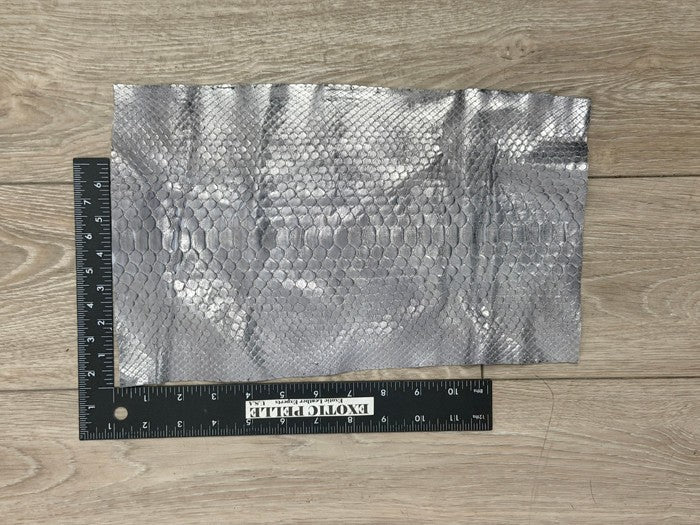 Silver On Gray Metallic Genuine Reticulated Python Snake Leather 444 product photo 2