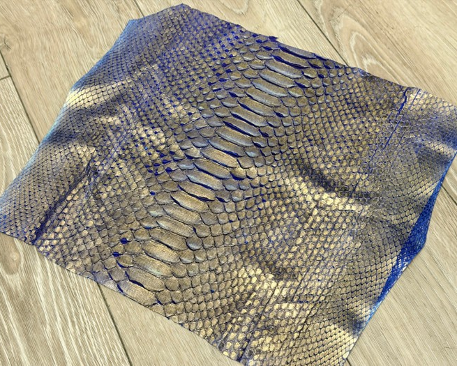 Gold On Blue Metallic Genuine Reticulated Python Snake Leather 472 product photo 1