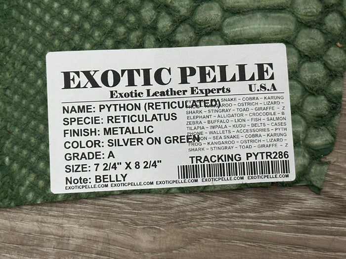 Silver on Green Genuine Python Remnant piece Leather real hide snake skin 286
