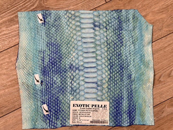Gold On Blue Metallic Genuine Reticulated Python Snake Leather 472 product photo 5