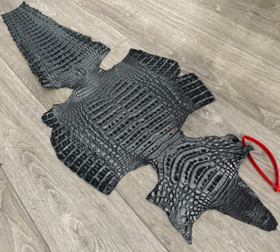 Silver On Black Metallic Holographic Genuine Caiman Crocodile Leather CMN603 product photo 1