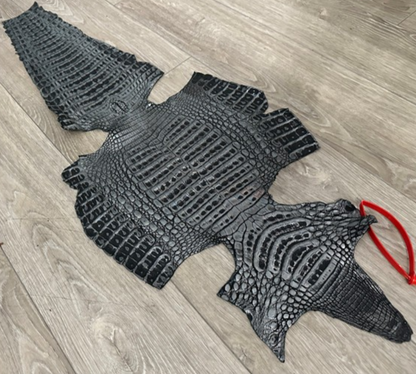 Silver On Black Metallic Holographic Genuine Caiman Crocodile Leather CMN603 product photo 1