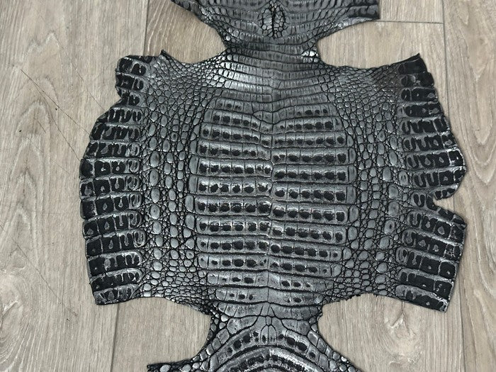 Silver On Black Metallic Holographic Genuine Caiman Crocodile Leather CMN603 product photo 3