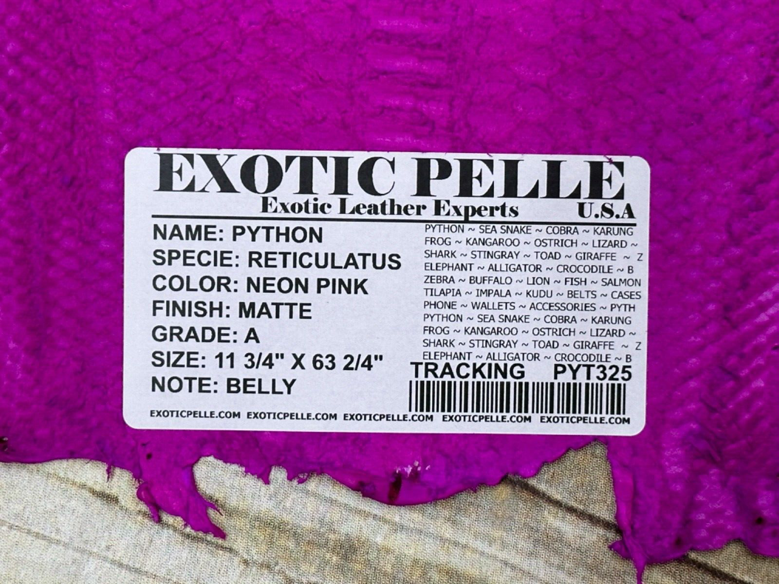 Neon Pink Big Genuine Python Snakeskin Leather real hide snake skin Rattle 325