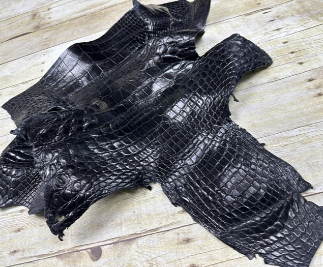 XXL Black Alligator Hide Distressed Leather Skin Piece Scrap Gator Croc Belly 53