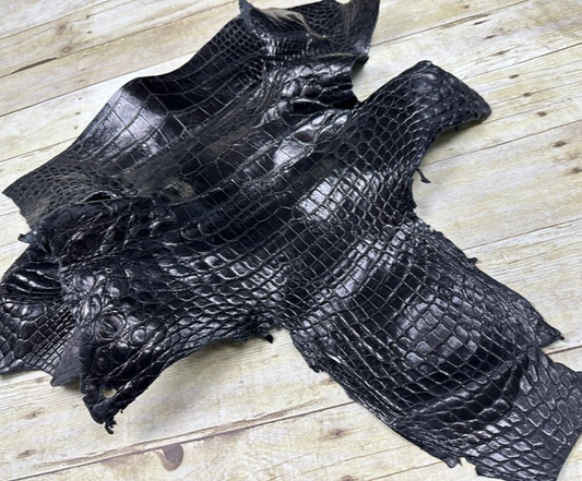 XXL Black Alligator Hide Distressed Leather Skin Piece Scrap Gator Croc Belly 53