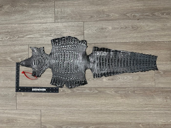 Silver On Black Metallic Holographic Genuine Caiman Crocodile Leather CMN603 product photo 2