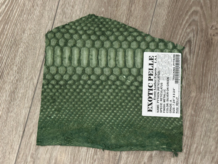 Silver on Green Genuine Python Remnant piece Leather real hide snake skin 286