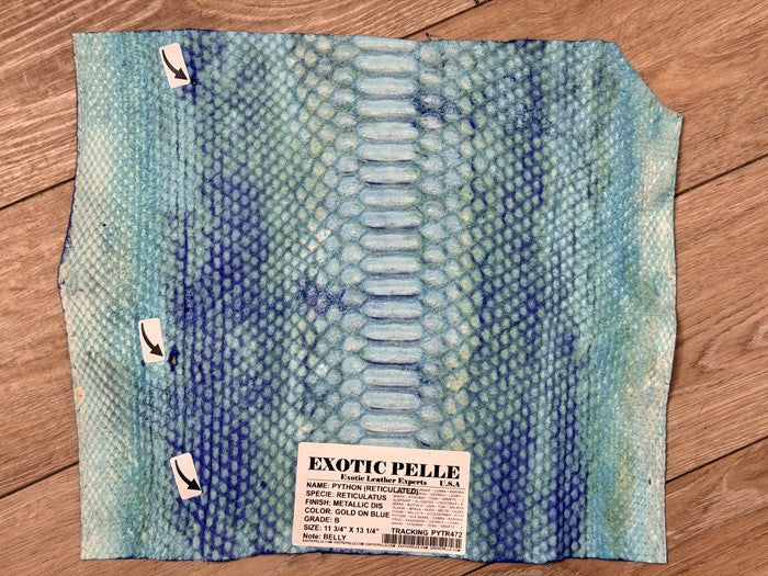 Gold On Blue Metallic Genuine Reticulated Python Snake Leather 472 product photo 4