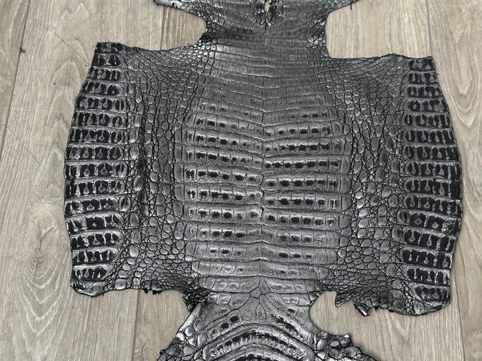 XXL Silver on Black Caiman Crocodile Hide Leather real alligator Croc 605