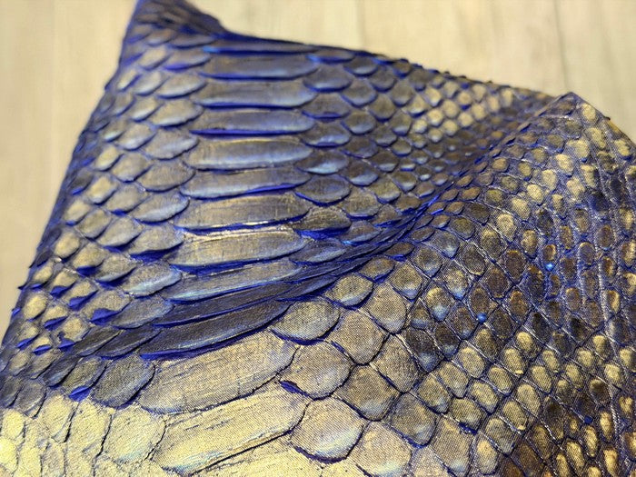 Gold On Blue Metallic Genuine Reticulated Python Snake Leather 472 product photo 3