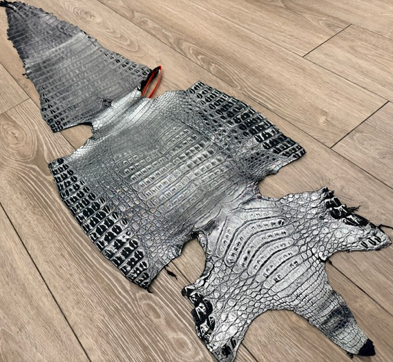 Silver On Black Metallic Genuine Caiman Crocodile Leather product photo 1