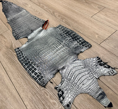 Silver On Black Metallic Genuine Caiman Crocodile Leather product photo 1