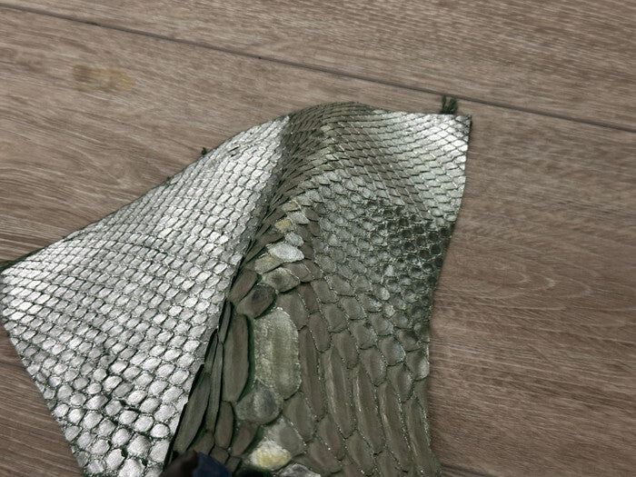 Silver on Green Genuine Python Remnant piece Leather real hide snake skin 286