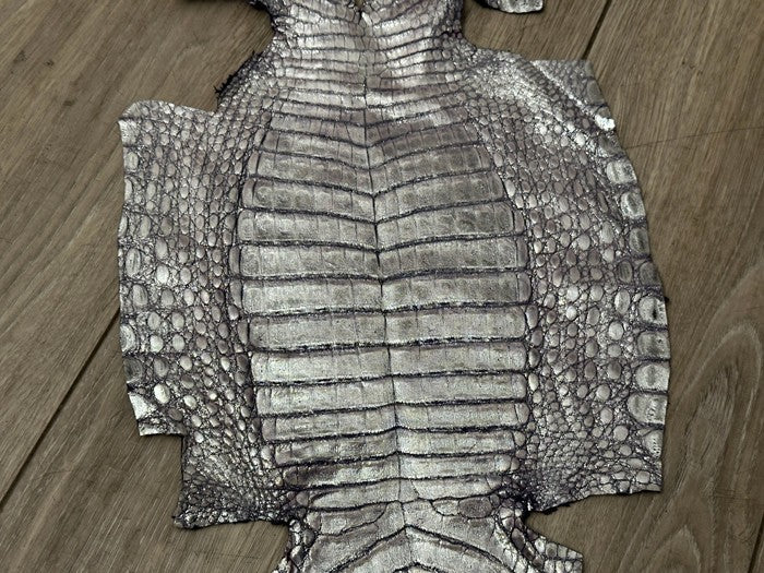 Silver On Purple Metallic Genuine Caiman Crocodile Leather product photo 3