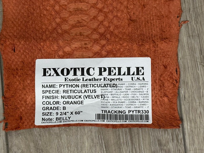 Big Orange Python Nubuck Genuine Snakeskin Leather real hide snake skin Suede 30