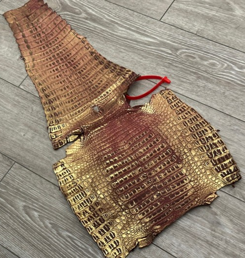 Gold On Red Metallic Genuine Caiman Crocodile Leather 478 product photo 1