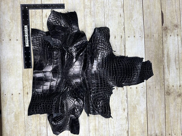 XXL Black Alligator Hide Distressed Leather Skin Piece Scrap Gator Croc Belly 53