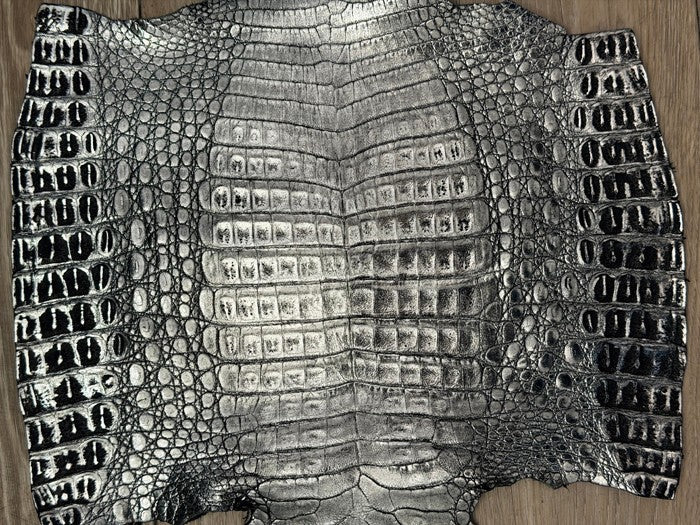 Silver On Black Metallic Genuine Caiman Crocodile Leather product photo 3