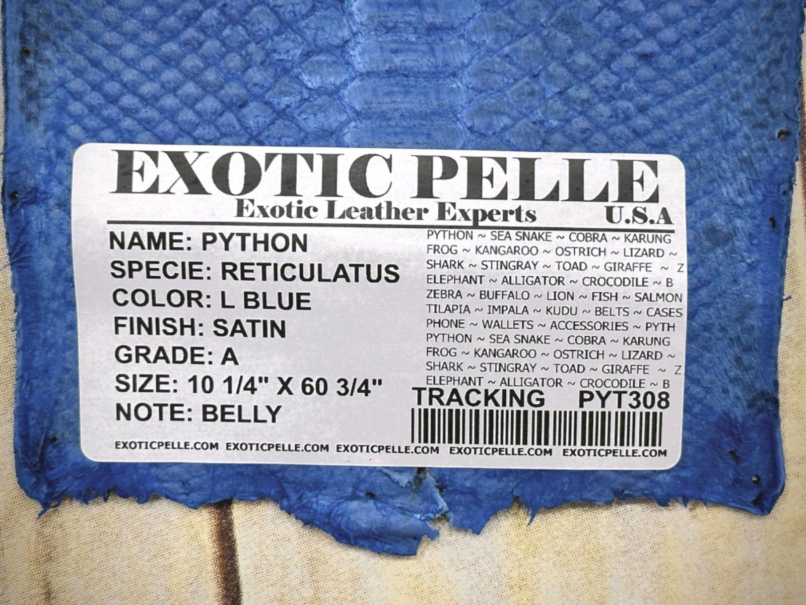 Blue XL Genuine Python Snakeskin Leather real hide snake skin Rattle Boa 308