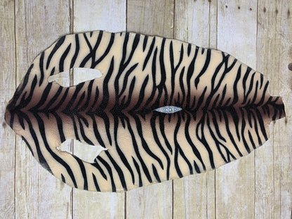 XXL Cream With Brown Center Glossy Tiger Print Genuine Stingray Fish Leather 798 product photo 2