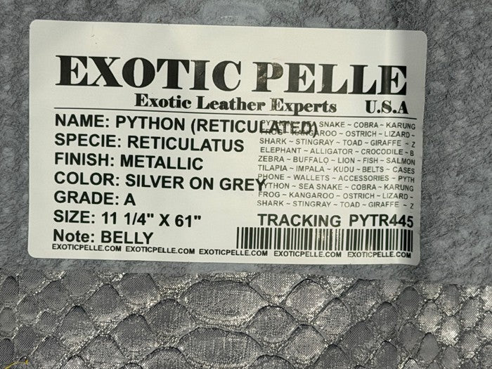 Silver On Gray Metallic Genuine Reticulated Python Snake Leather 445 product photo 3