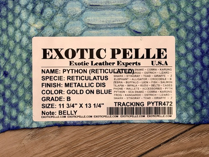 Gold On Blue Metallic Genuine Reticulated Python Snake Leather 472 product photo 6