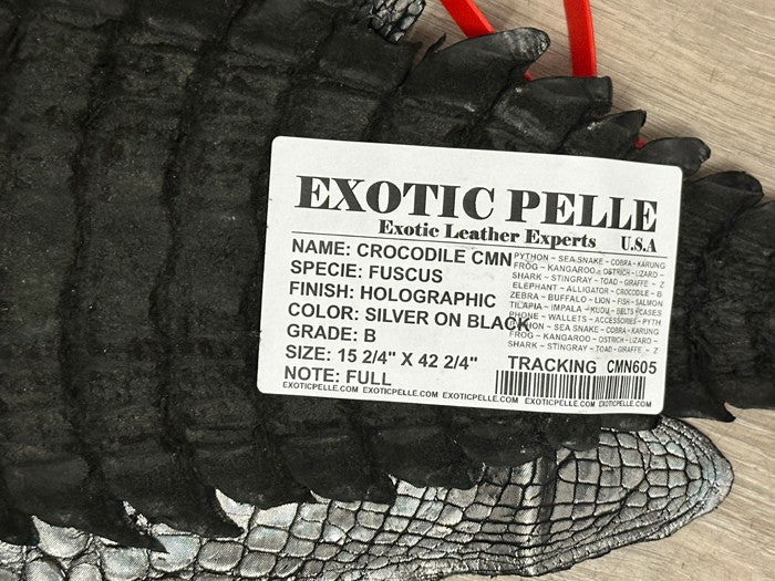 XXL Silver on Black Caiman Crocodile Hide Leather real alligator Croc 605