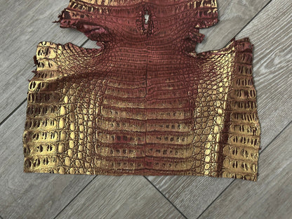Red gold Metallic Genuine Caiman Crocodile Belly Hide Leather Skin Alligator 477